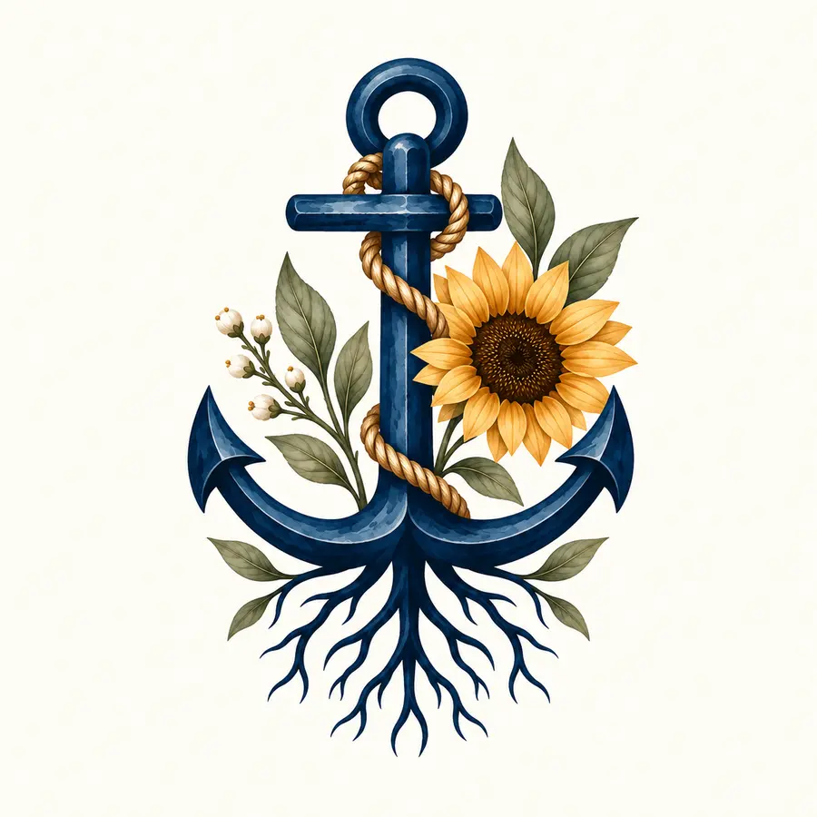 Anchor with rope, sunflower, foliage, and roots